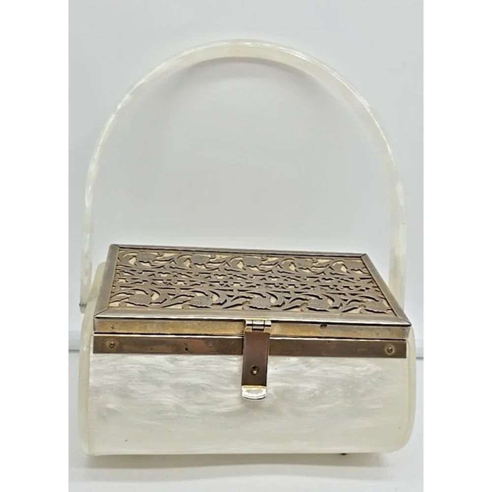 Vtg Tyrolene Lucite Purse Metal Filigree Single Handle 1940's Mid Century Purse